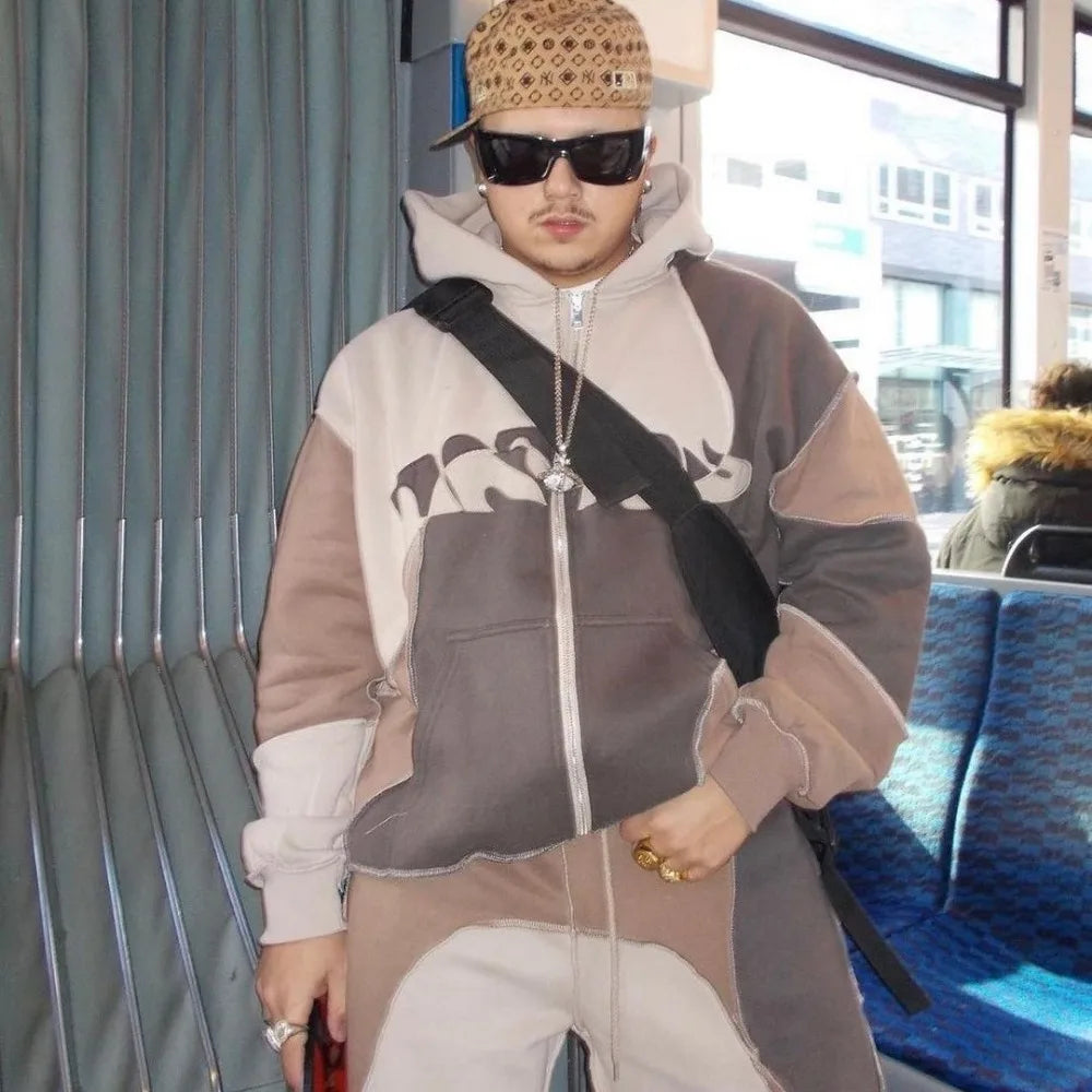 🧥 2-teiliges Streetwear-Set – Patchwork Zipper Hoodie & Jogginghose (Unisex)