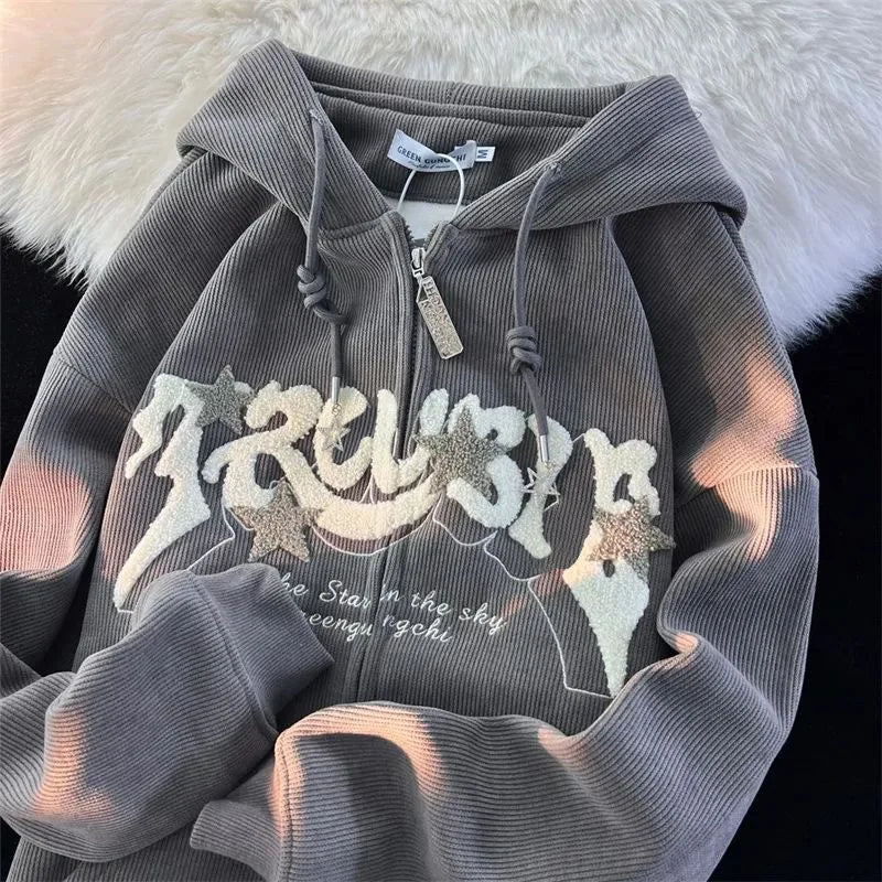Damen Corduroy Hoodie mit Stickerei – Oversize Zip-Up Pullover im Harajuku Y2K Stil