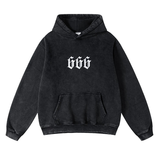 „666“ Digital Print Hoodie – Unisex Kapuzenpullover im Washed-Look