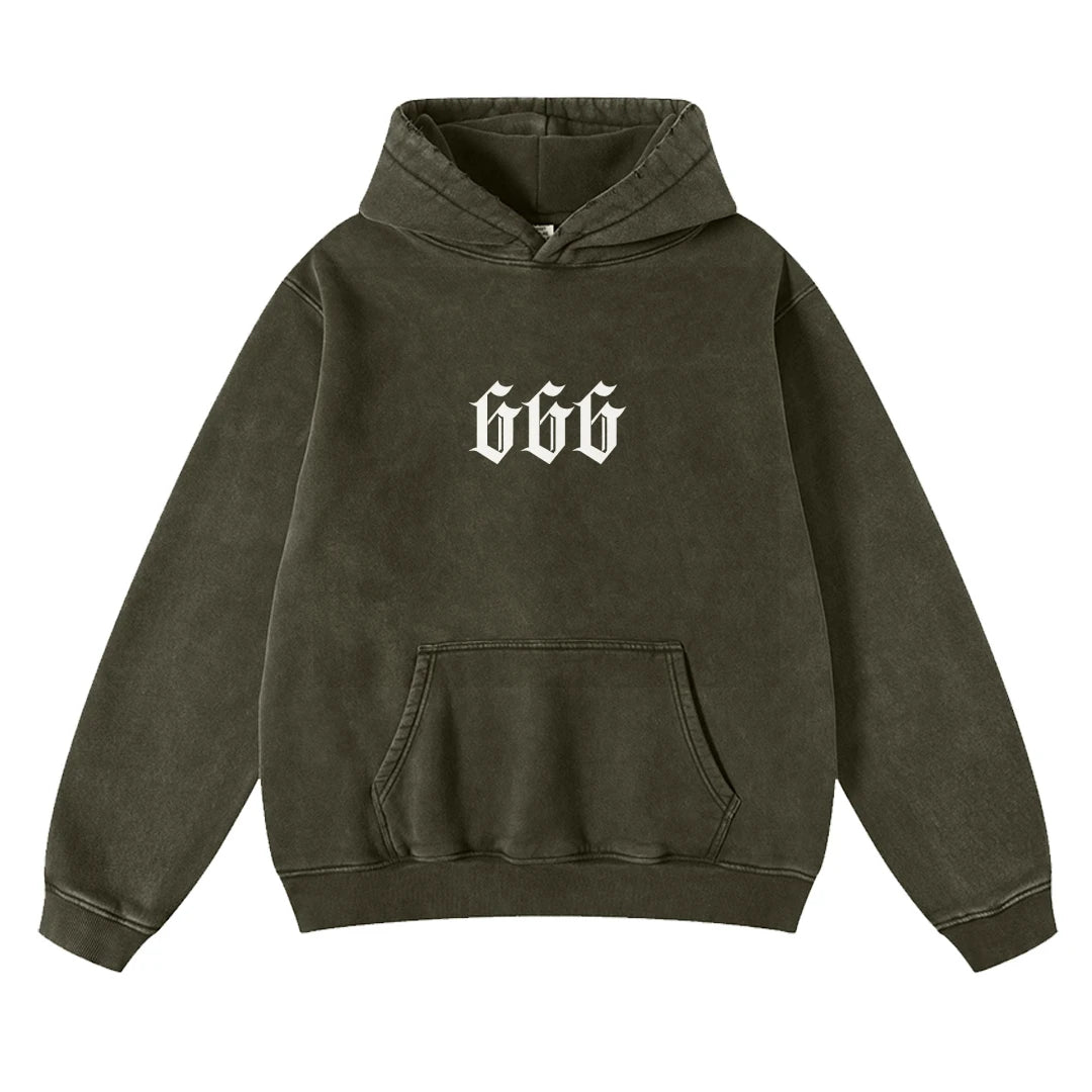 „666“ Digital Print Hoodie – Unisex Kapuzenpullover im Washed-Look