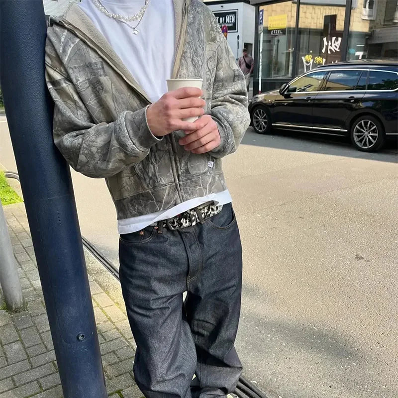 Y2K Retro Zip-Up Hoodie für Männer – Camouflage-Muster, Zipper Sweatshirt im High-Street Hip Hop Military Style