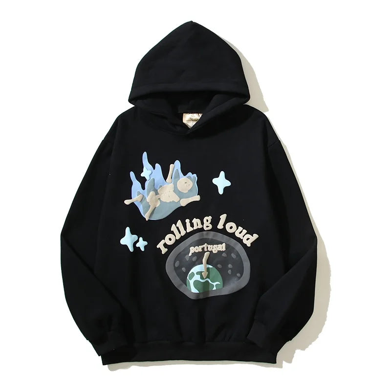 Europäisch-Amerikanischer Vintage Schwarzer Hoodie mit Totenkopf-Print - Rolling Cloud Foaming Print Kapuzenpullover für Männer