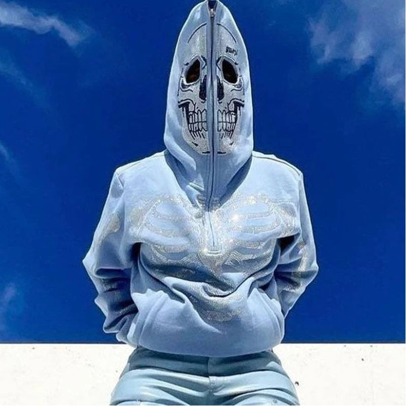 Punk-Style Hoodie mit Strass-Totenkopf – Oversized Zip-Up Sweatshirt für Herren (Y2K Streetwear)