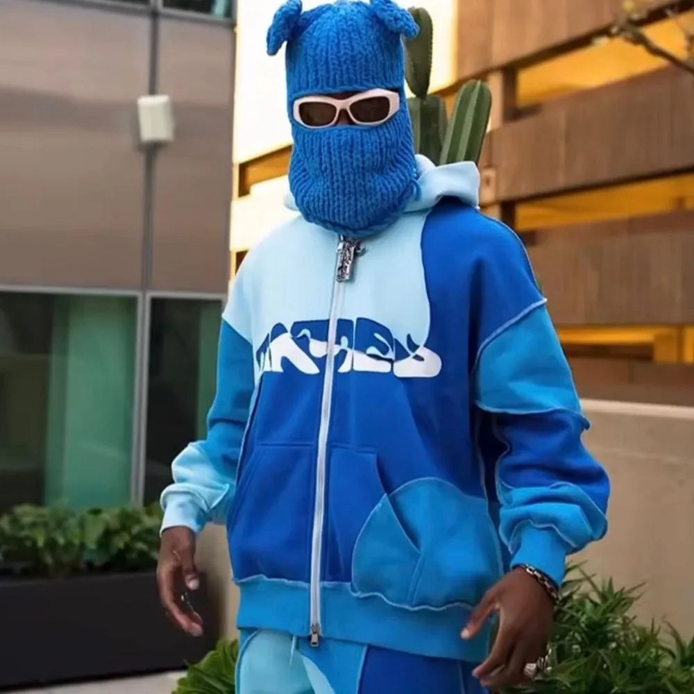 🧥 2-teiliges Streetwear-Set – Patchwork Zipper Hoodie & Jogginghose (Unisex)