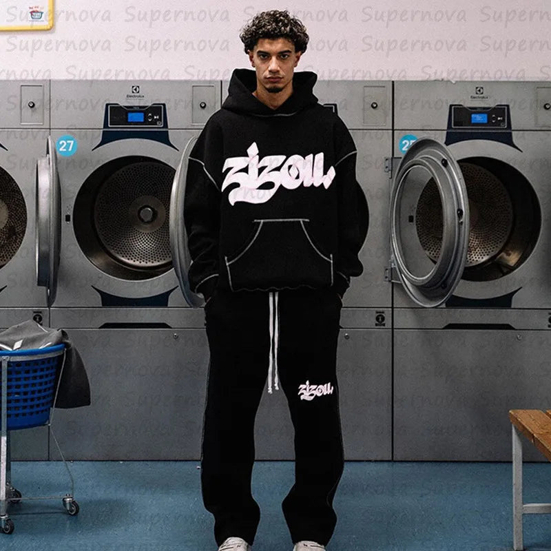 2024 Neu – Gothic Punk Streetwear Hoodie für Männer mit Letter Print – Y2K Oversized Zip-Up Hoodie