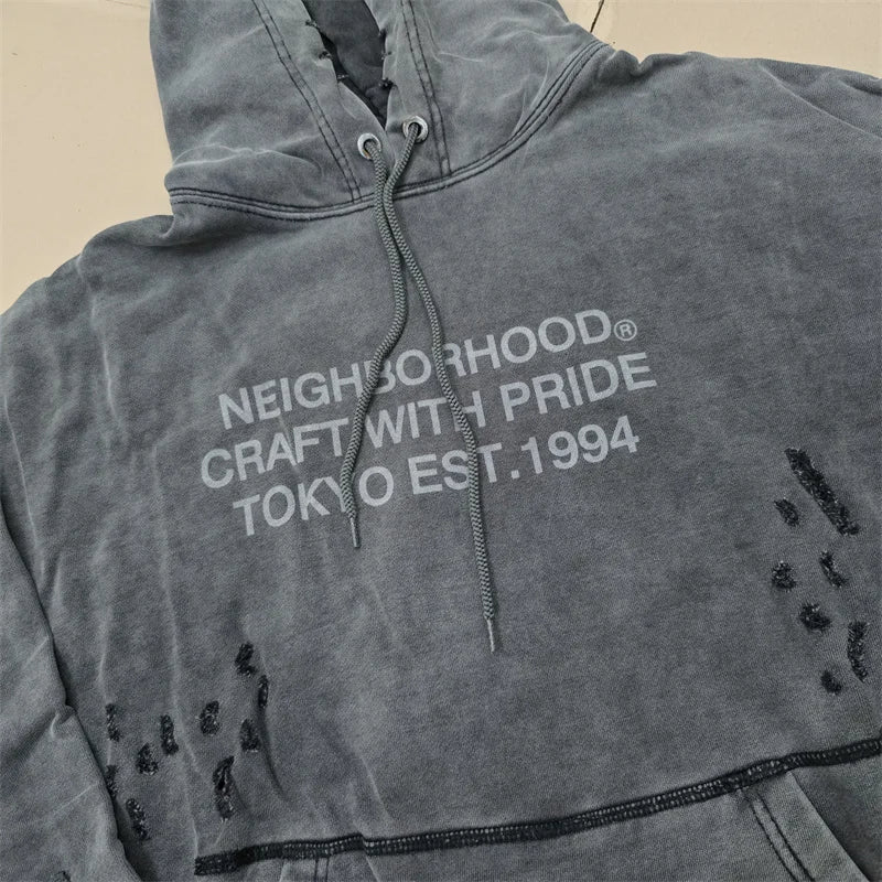 NBHD Hoodie – Retro Washed Look mit Tintenflecken & Destroyed-Details | Unisex Streetwear
