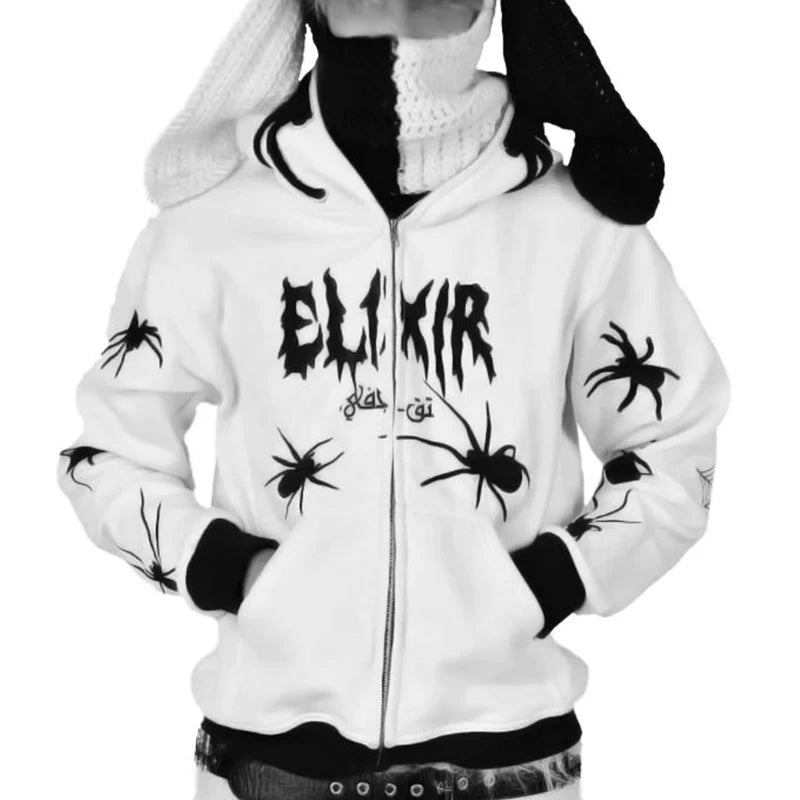Gothic Punk Y2K Street Zip-Up Hoodie mit Spider Print – Oversize Männer Sweatshirt, Harajuku Style, Hip Hop, Hooded Long Sleeve Coat