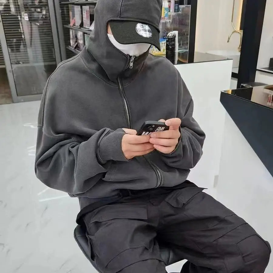 HKSH Techwear Hoodie mit Maske – Ninja Streetwear Zip-Up Kapuzenjacke