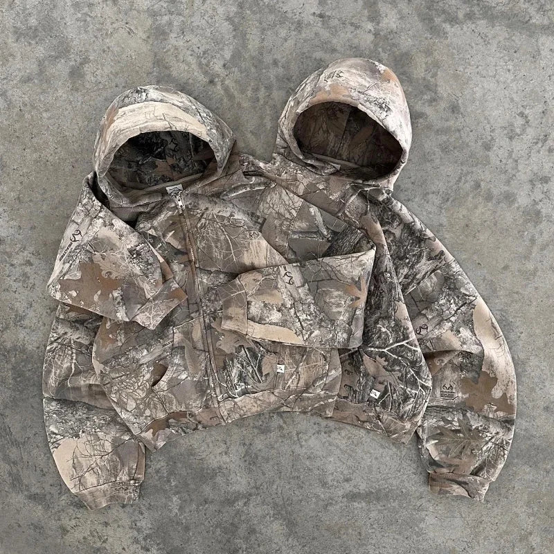 Y2K Retro Zip-Up Hoodie für Männer – Camouflage-Muster, Zipper Sweatshirt im High-Street Hip Hop Military Style