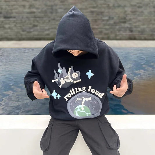 Europäisch-Amerikanischer Vintage Schwarzer Hoodie mit Totenkopf-Print - Rolling Cloud Foaming Print Kapuzenpullover für Männer