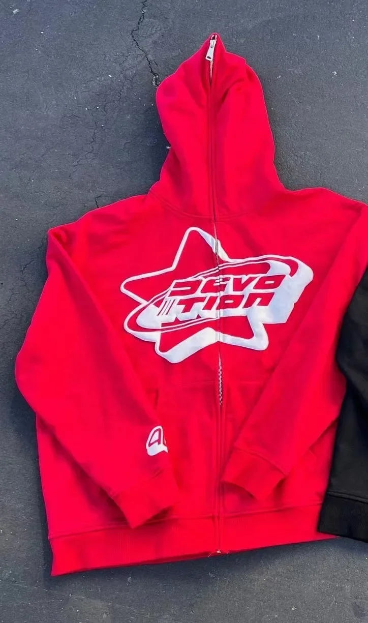 Oversized Zip-up Hoodie – Streetwear Spring Y2K Goth Punk mit Sternen-Print – Trendy Dünnes Material, Full-Face Hoodie