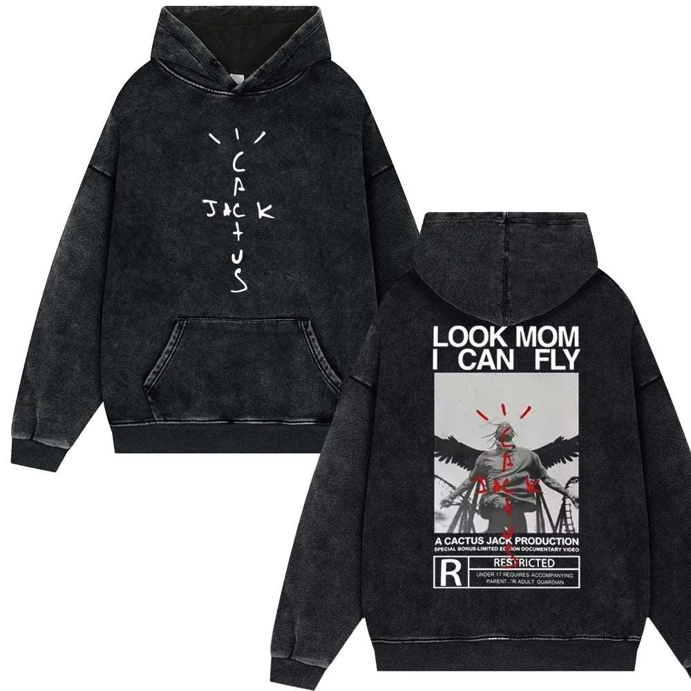 2025 Streetwear Travis Look "Mom I Can Fly" Vintage Washed Hoodies – Unisex Oversized Pullover für Männer und Frauen