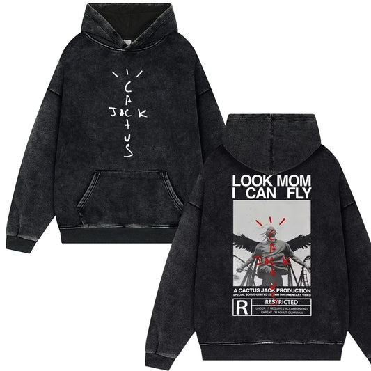 2025 Streetwear Travis Look "Mom I Can Fly" Vintage Washed Hoodies – Unisex Oversized Pullover für Männer und Frauen