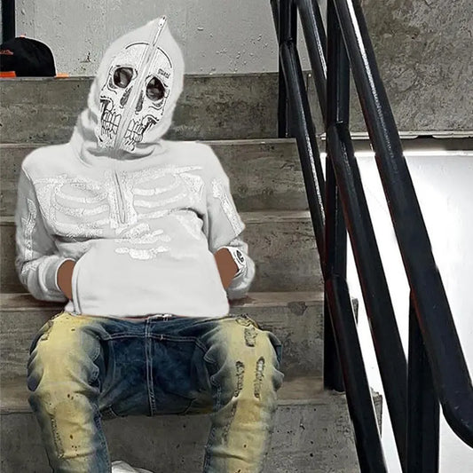 Punk-Style Hoodie mit Strass-Totenkopf – Oversized Zip-Up Sweatshirt für Herren (Y2K Streetwear)