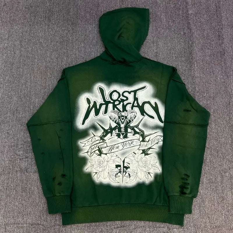Lost Intricacy Diamond Zip Hoodie – Distressed Look, Unisex Streetwear Sweatshirt