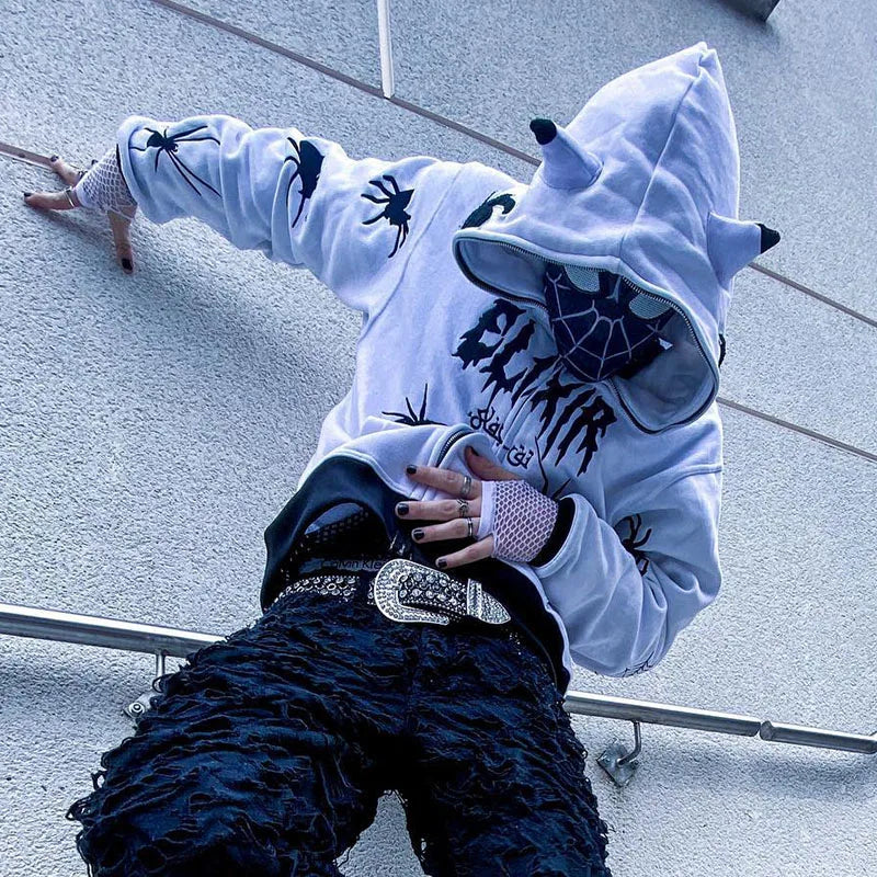 Gothic Punk Y2K Street Zip-Up Hoodie mit Spider Print – Oversize Männer Sweatshirt, Harajuku Style, Hip Hop, Hooded Long Sleeve Coat