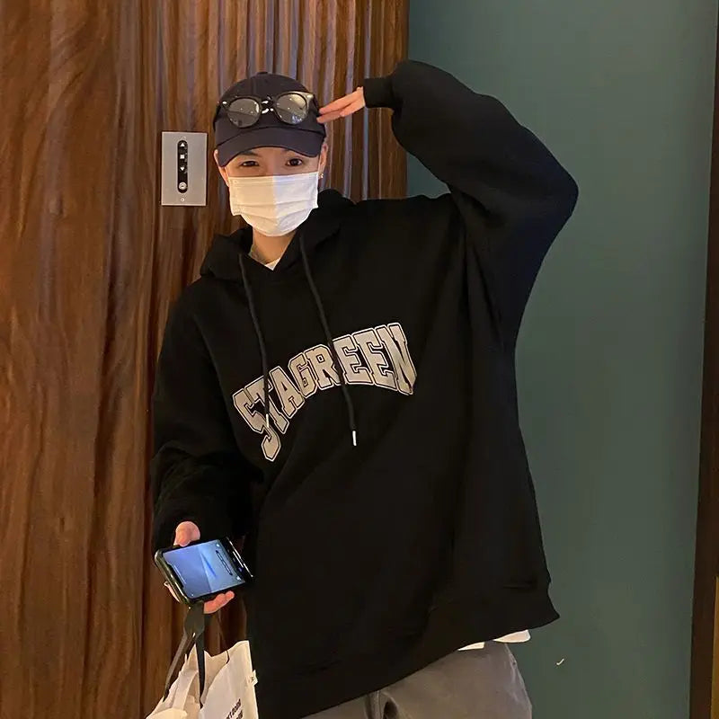 00% Baumwolle Oversized Hoodie mit Buchstabenprint – Y2K Streetwear für Männer & Frauen, Koreanischer Winter Kapuzenpullover