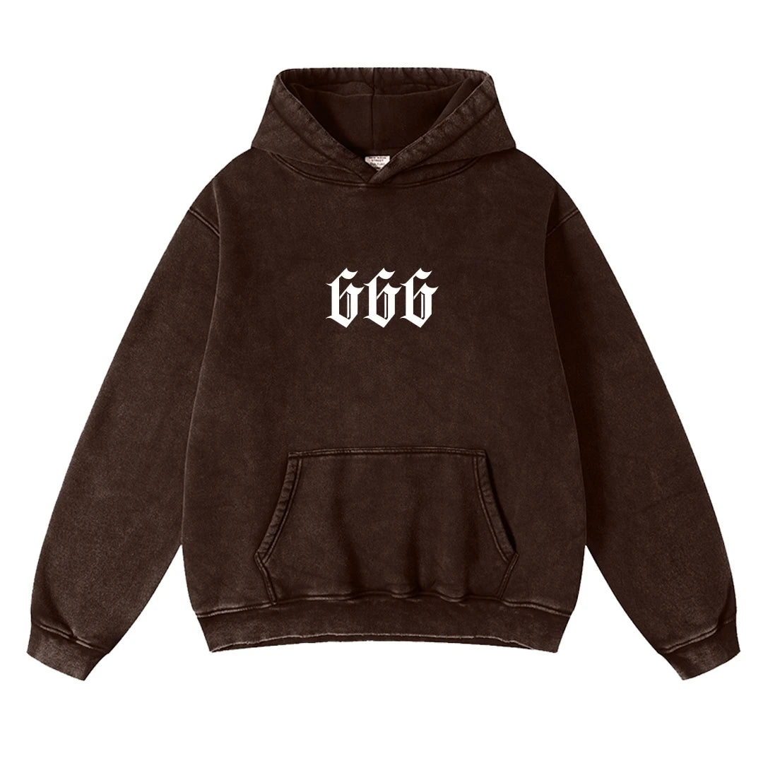 „666“ Digital Print Hoodie – Unisex Kapuzenpullover im Washed-Look