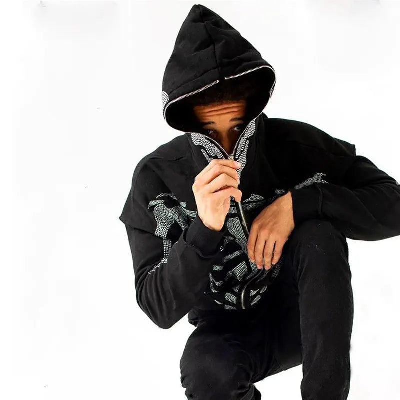💀 Full Zip Hoodie – "Rhinestone Skeleton" | Oversized Gothic Streetwear für Sie & Ihn