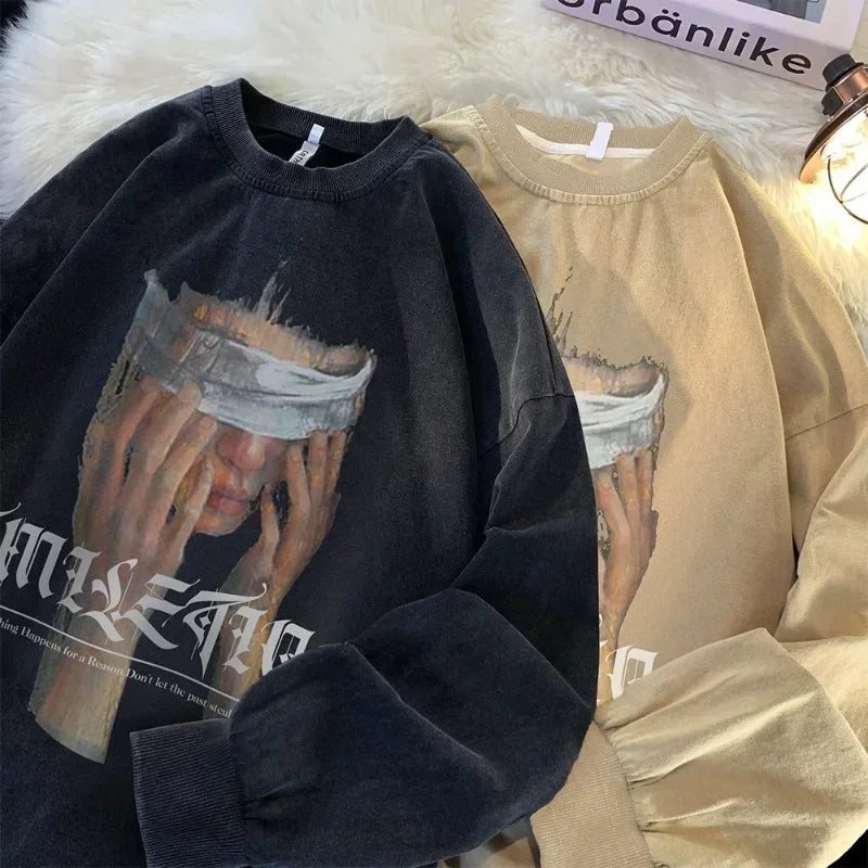 🖤 Herren Sweatshirt – "Blindfold Portrait" Print | Gothic Look | Schwarz | Herbst Kollektion