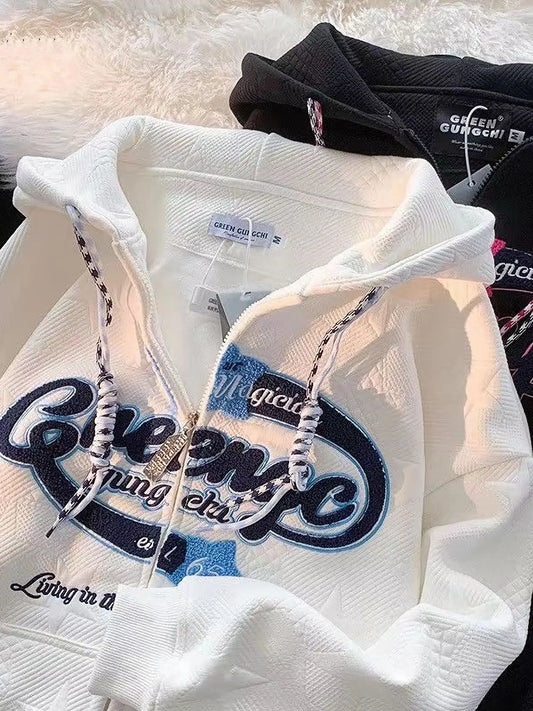 🖤 Oversized Y2K Zipper Hoodie – Unisex Streetwear im Retro-Look | Frühling & Herbst | Stickerei & Patchwork-Design