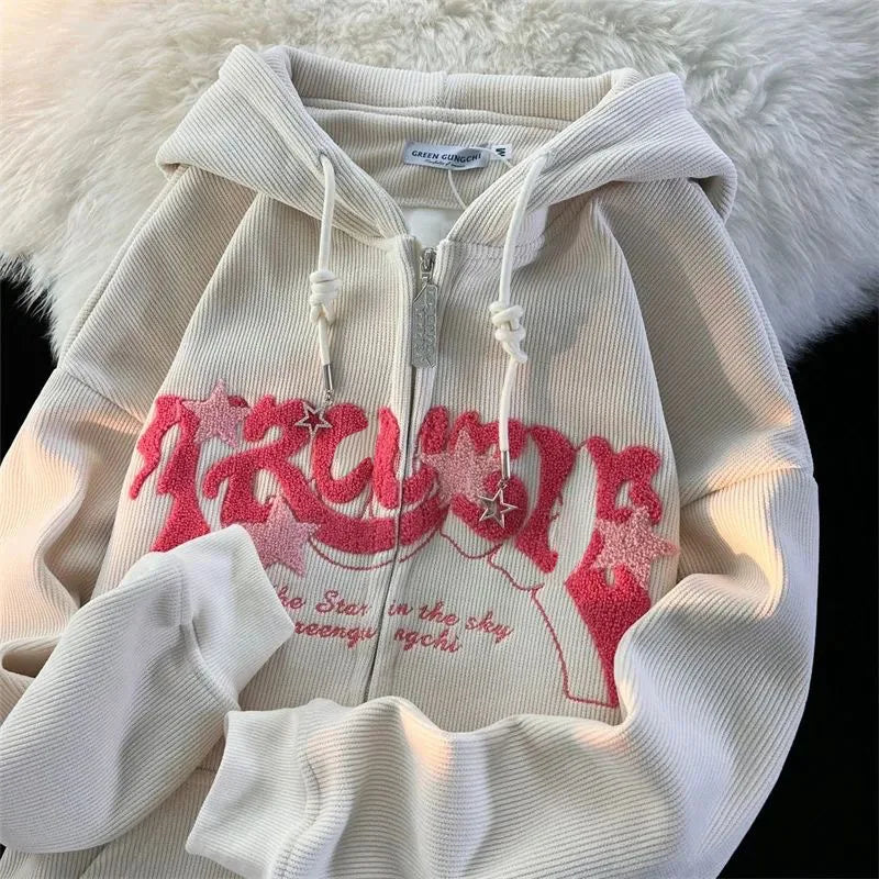 Damen Corduroy Hoodie mit Stickerei – Oversize Zip-Up Pullover im Harajuku Y2K Stil