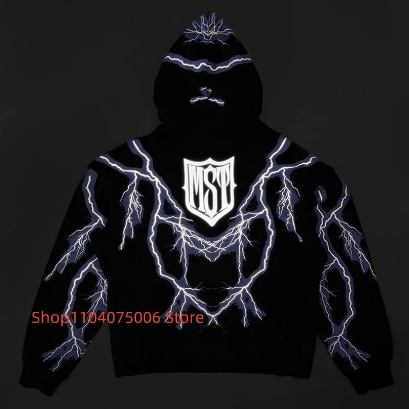 Lightning Pattern Reflective Hooded Sweatshirt – Missing Since Thursday Streetwear Unisex Winter Hoodie für Männer