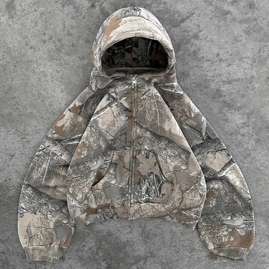 Y2K Retro Zip-Up Hoodie für Männer – Camouflage-Muster, Zipper Sweatshirt im High-Street Hip Hop Military Style
