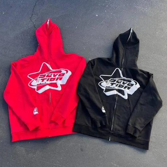 Oversized Zip-up Hoodie – Streetwear Spring Y2K Goth Punk mit Sternen-Print – Trendy Dünnes Material, Full-Face Hoodie
