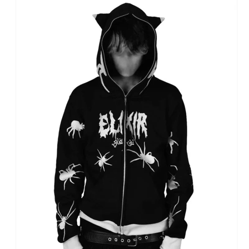 Gothic Punk Y2K Street Zip-Up Hoodie mit Spider Print – Oversize Männer Sweatshirt, Harajuku Style, Hip Hop, Hooded Long Sleeve Coat
