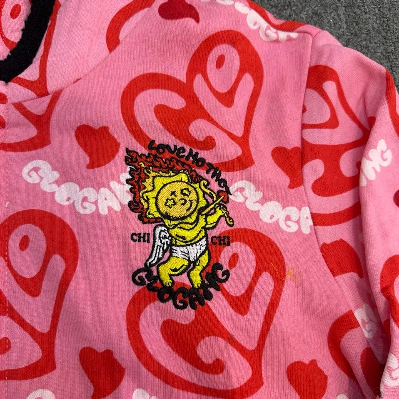 Glo Gang Zip Hoodie Unisex mit Strass-Verzierung und Cartoon Print – Pink Streetwear Kapuzenpullover