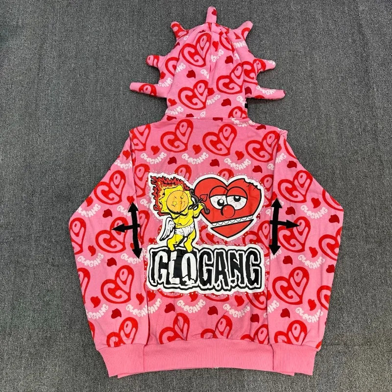 Glo Gang Zip Hoodie Unisex mit Strass-Verzierung und Cartoon Print – Pink Streetwear Kapuzenpullover