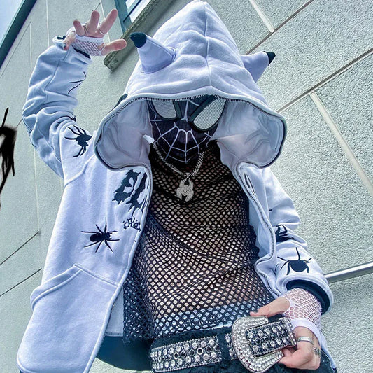 Gothic Punk Y2K Street Zip-Up Hoodie mit Spider Print – Oversize Männer Sweatshirt, Harajuku Style, Hip Hop, Hooded Long Sleeve Coat