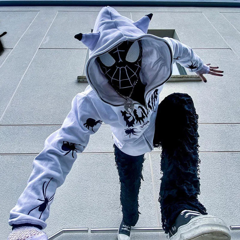 Gothic Punk Y2K Street Zip-Up Hoodie mit Spider Print – Oversize Männer Sweatshirt, Harajuku Style, Hip Hop, Hooded Long Sleeve Coat