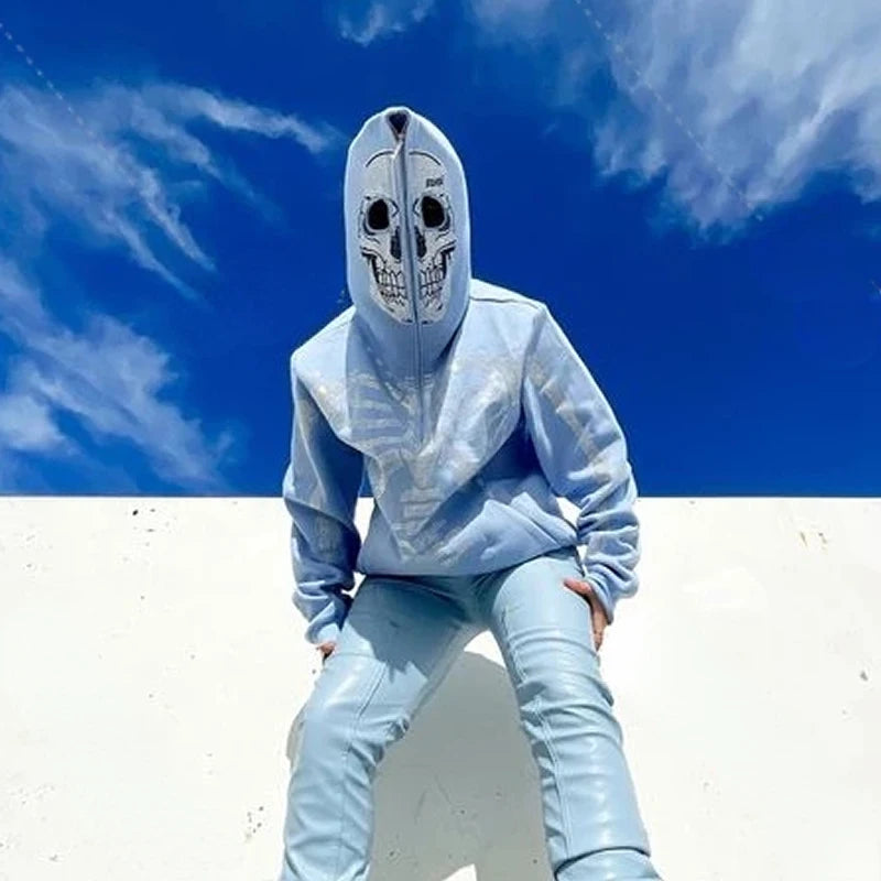 Punk-Style Hoodie mit Strass-Totenkopf – Oversized Zip-Up Sweatshirt für Herren (Y2K Streetwear)
