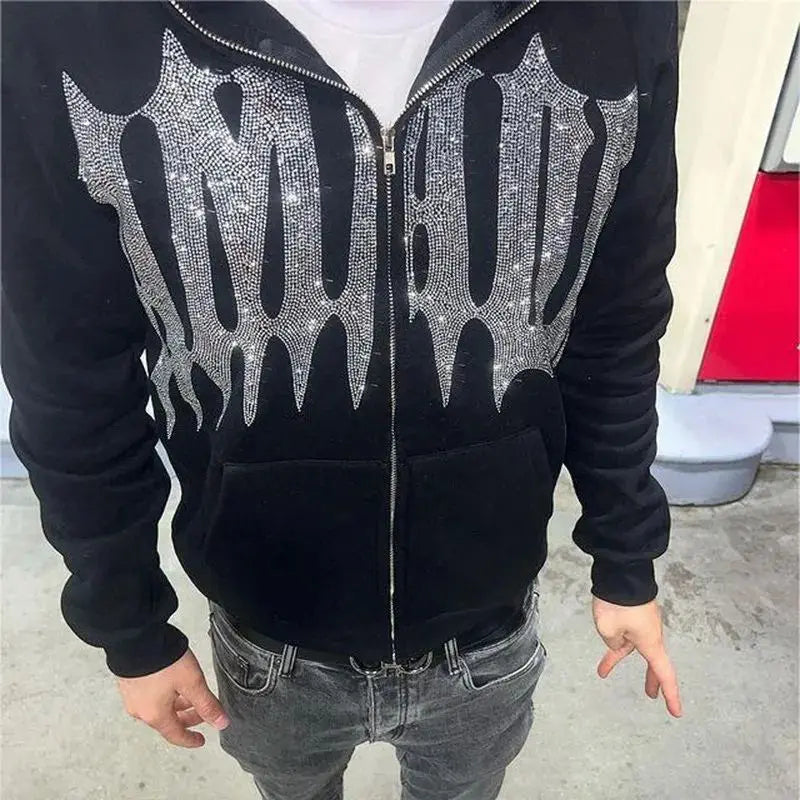 Rhinestone Skeleton Zip Hoodie – Schwarzer Gothic Y2K Style für Damen & Herren