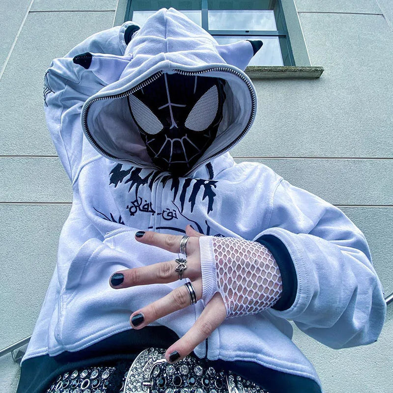 Gothic Punk Y2K Street Zip-Up Hoodie mit Spider Print – Oversize Männer Sweatshirt, Harajuku Style, Hip Hop, Hooded Long Sleeve Coat