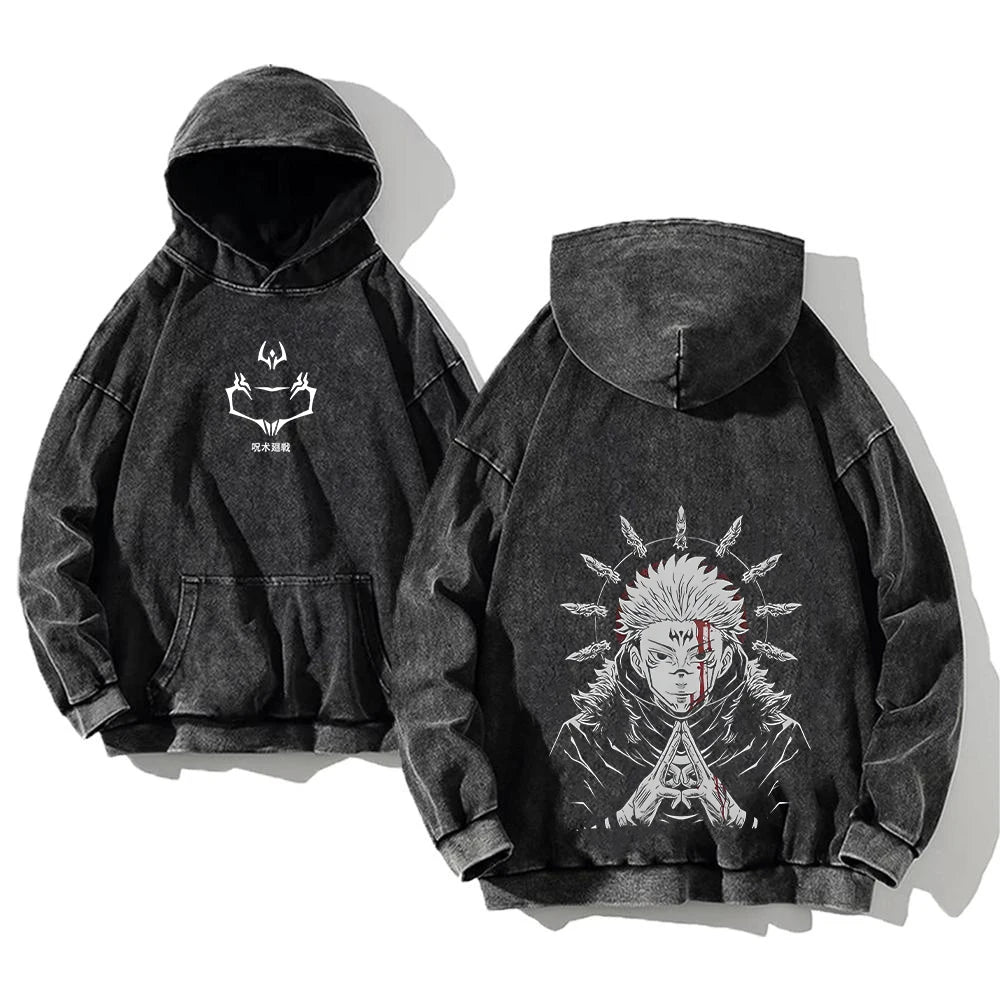 Vintage „Jujutsu Kaisen“ Hoodie – Acid Washed Anime Streetwear für Männer & Frauen