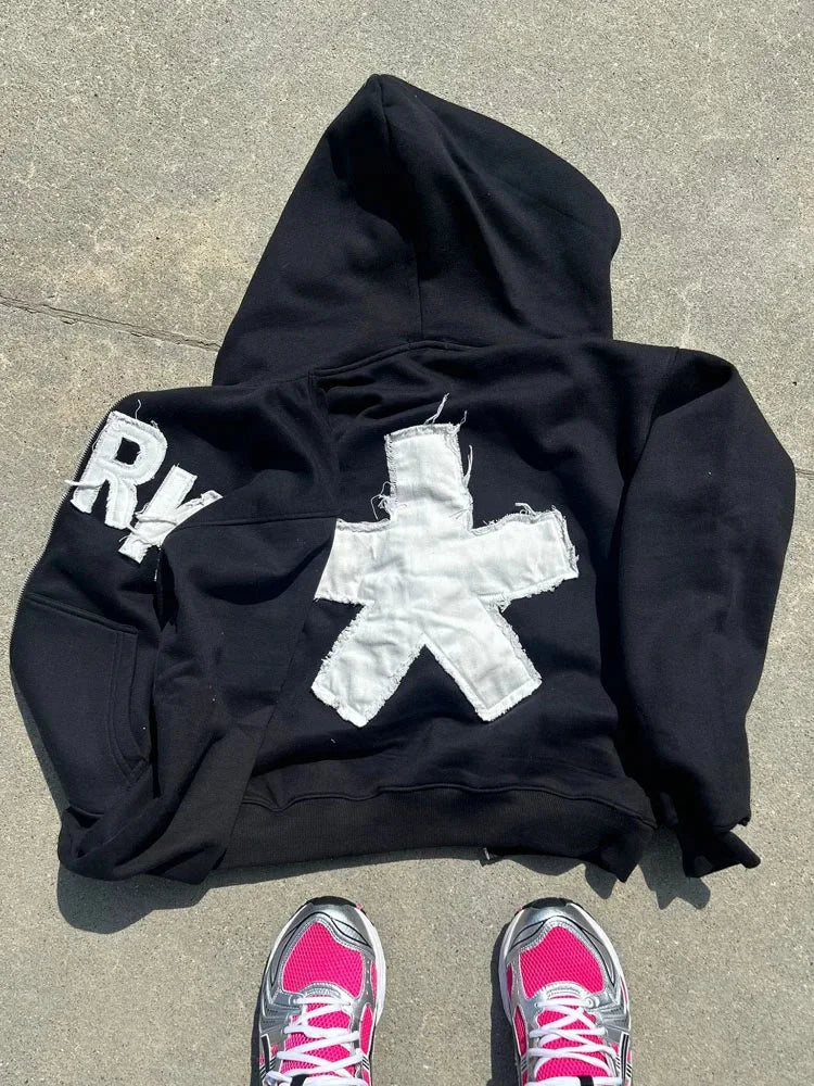 Y2K Oversized Hoodie mit Reißverschluss – Hip-Hop Retro Patch Stickerei, Damen Hoodie