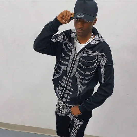 💀 Full Zip Hoodie – "Rhinestone Skeleton" | Oversized Gothic Streetwear für Sie & Ihn