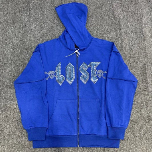Lost Intricacy Zip-Up Hoodie – Blauer Unisex Hoodie aus reiner Baumwolle mit Kapuze