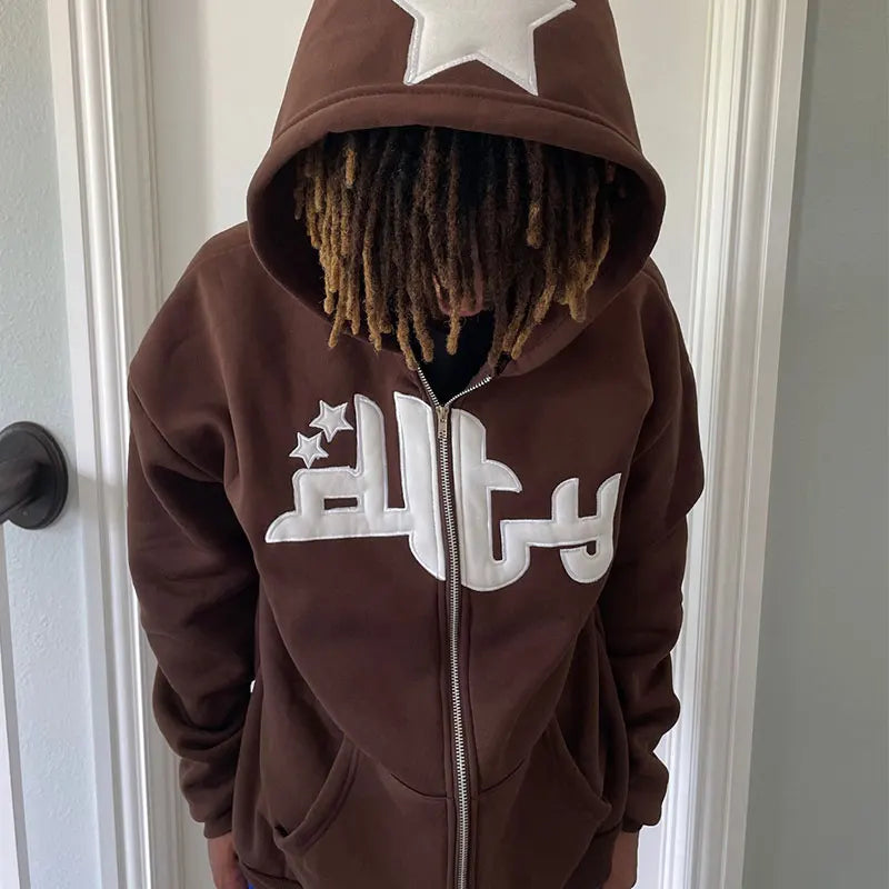 Vintage Zipper Stars Print Hoodie – Herbst/Winter Long Sleeve Sweatshirt für Männer