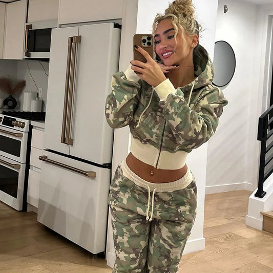 🌸 Damen Streetwear 2-Teiler – Bedrucktes Hoodie-Set mit Weitbein-Hose 🌸