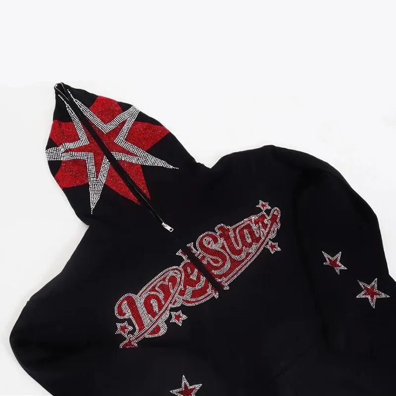 Herren Sweatshirt mit Stern Alphabet und Strass, Kapuzenjacke – Oversize Hoodie mit Reißverschluss, Hip Hop Style, Unisex, Y2K Mode für Frauen und Männer