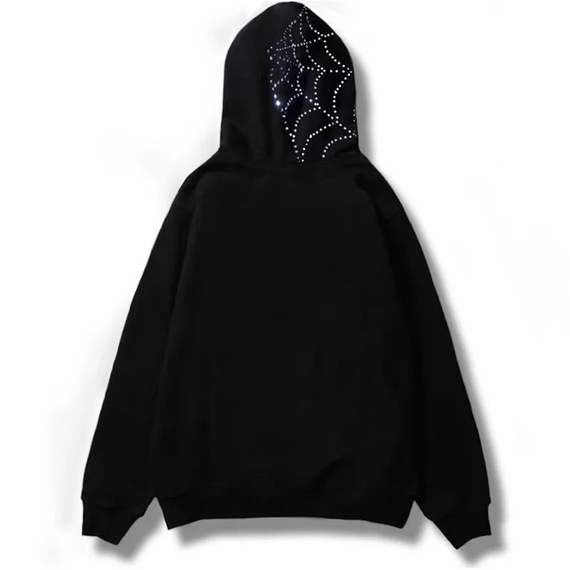 Grunge Y2K Hoodie mit Reißverschluss – Oversized Goth Sweatshirt mit Strass, Spinnennetz & Zahn-Print
