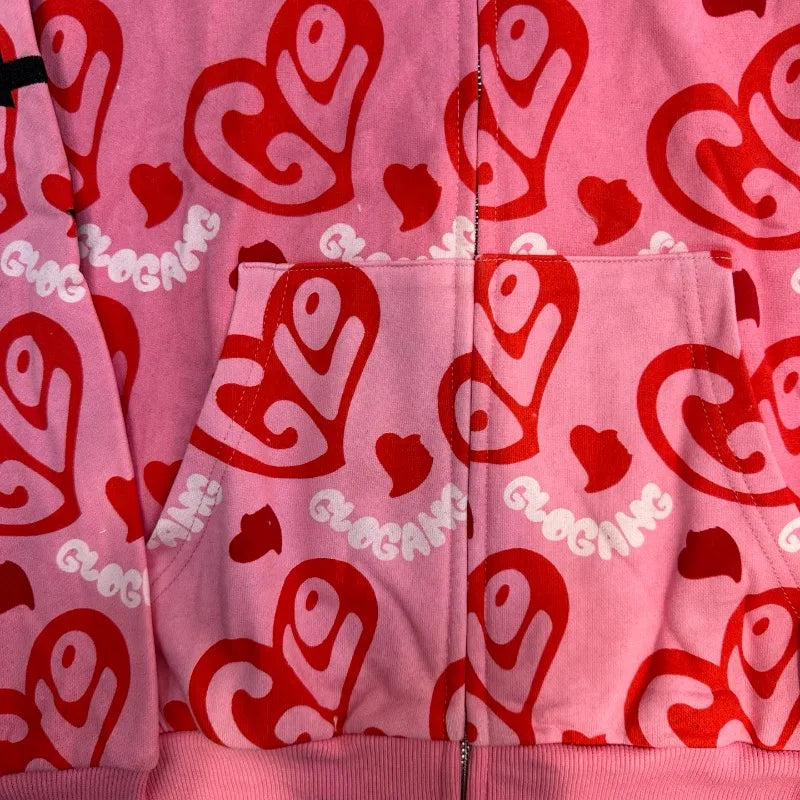 Glo Gang Zip Hoodie Unisex mit Strass-Verzierung und Cartoon Print – Pink Streetwear Kapuzenpullover