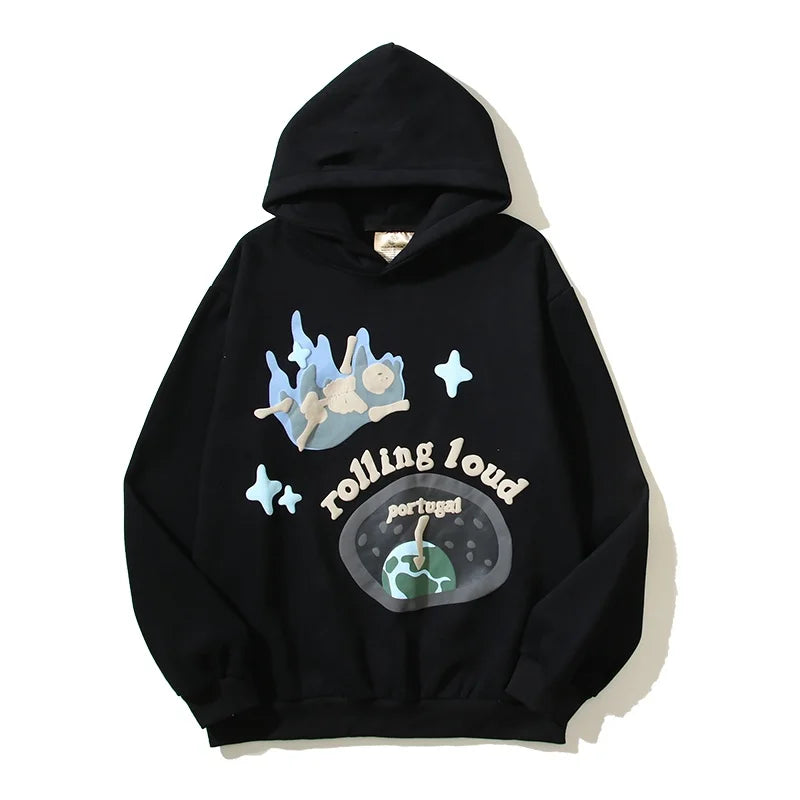 Europäisch-Amerikanischer Vintage Schwarzer Hoodie mit Totenkopf-Print - Rolling Cloud Foaming Print Kapuzenpullover für Männer