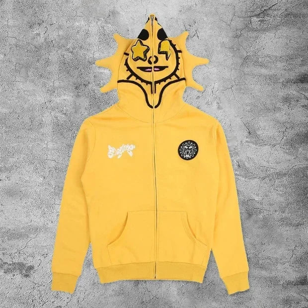 Y2K Zip-Up Hoodie Cardigan – Gelb mit Stern-Details im Campus Streetstyle (Unisex)