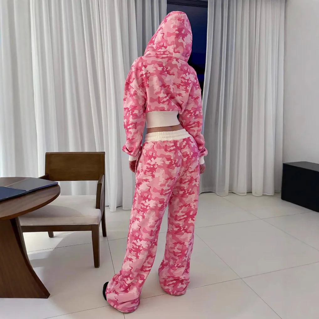 🌸 Damen Streetwear 2-Teiler – Bedrucktes Hoodie-Set mit Weitbein-Hose 🌸